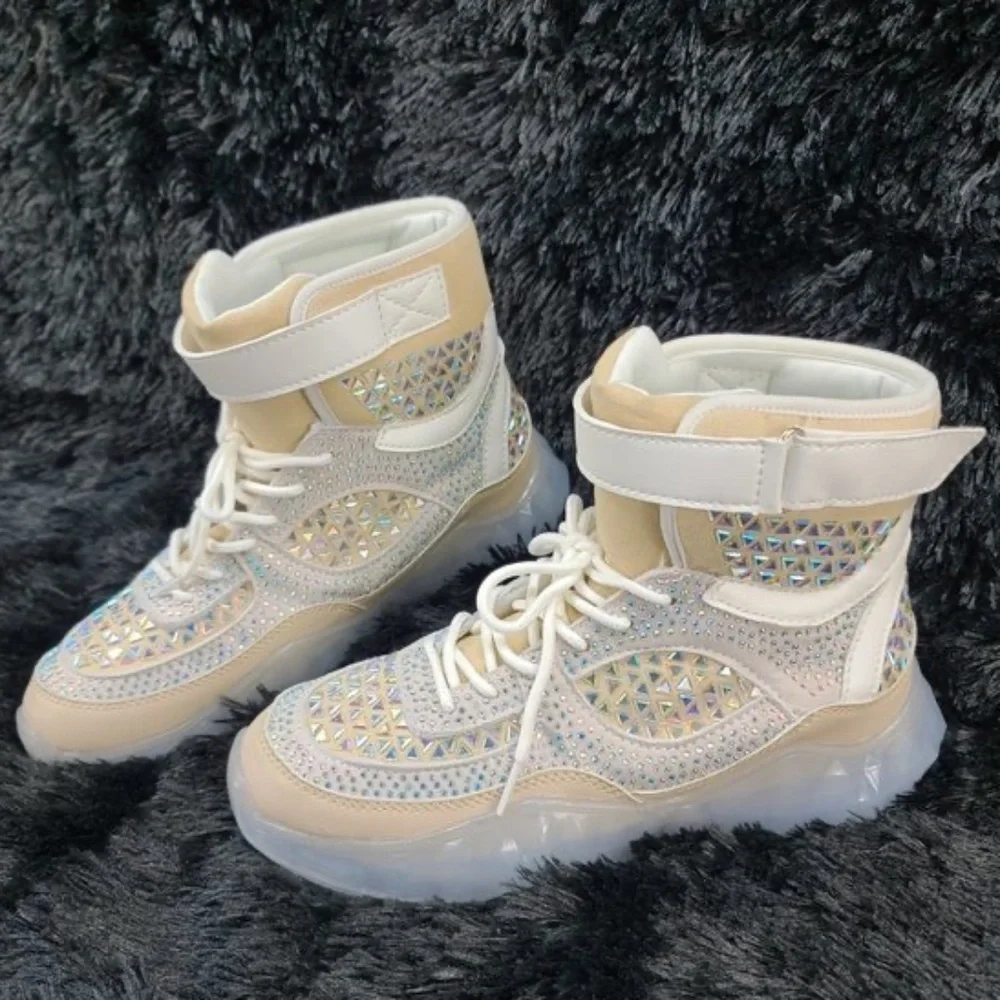 Cape Robbin Cream & Tan Iridescent Rhinestone Beaded Design High Top Sneakers